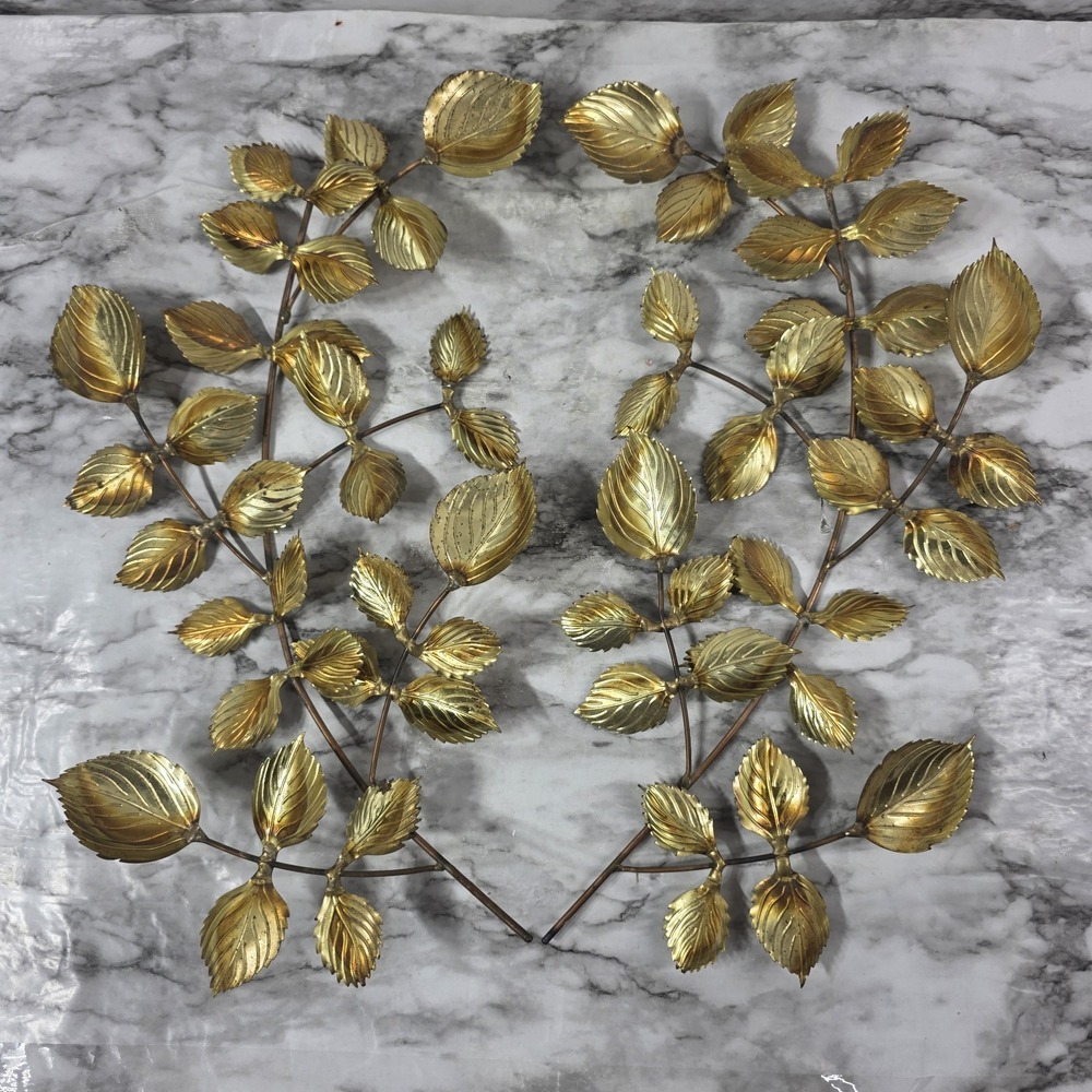 Vintage Wall Hanging Art Metal Serrated Leaves on Branches Gold Brass Tone